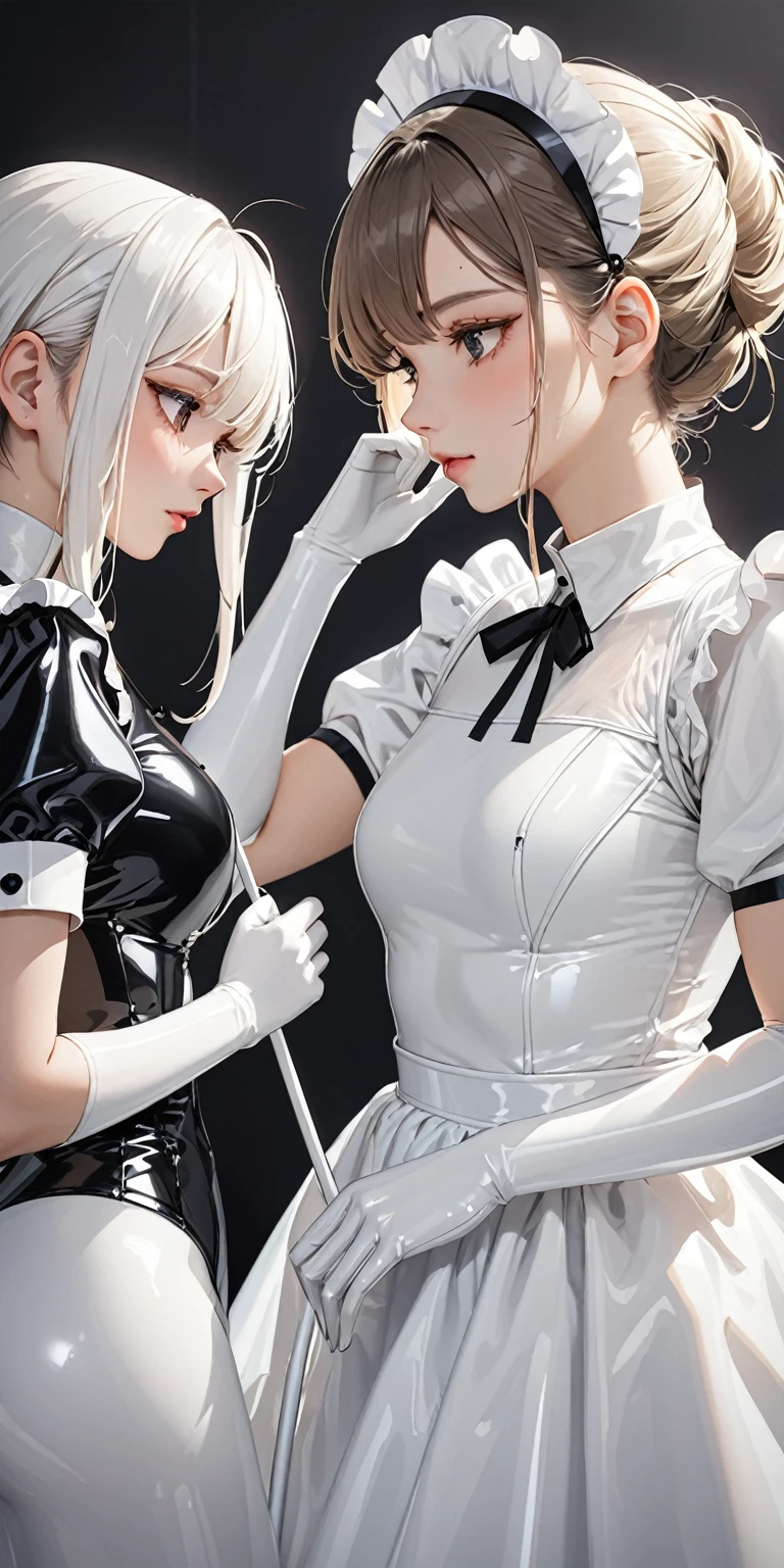 Portraiture、Profile Pose、(masterpiece,Highest quality,Ultra-high resolution),Japanese women, (((Two very beautiful girls))),(White latex maid outfit)、((White latex long skirt))、(A long-sleeved white latex shirt covering the upper body)、White latex gloves、White latex tights、White Latex Bodysuit、Frills、The clothes fit snugly to the body、Latex is very shiny、Dark Room、