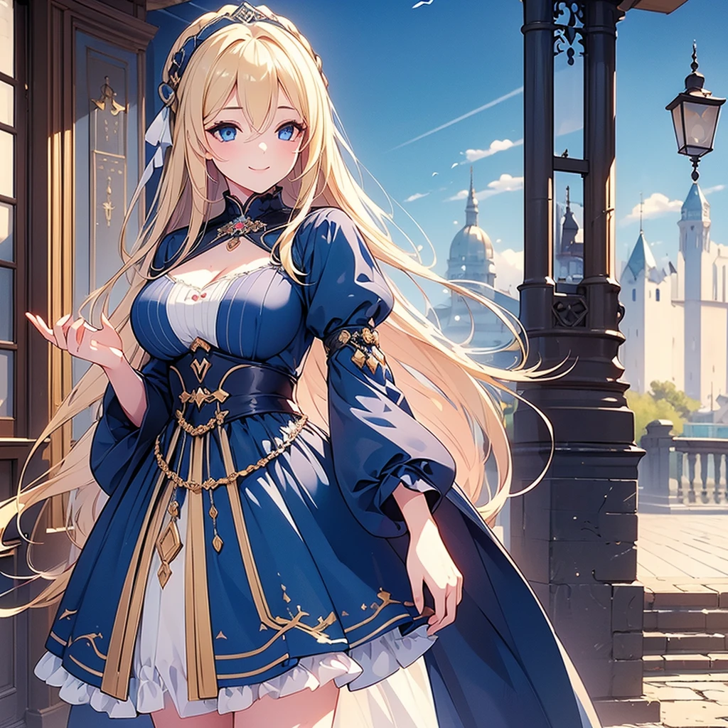 ((Highest quality)), ((masterpiece)) 、One Girl, masterpiece, (High resolution), original, extremely detailed 8K , (Photorealistic:1.4),Blue eyes ,Symmetrical body type,smile, Medieval European style street、dark blue dress、smile, Blonde, Large Breasts, 