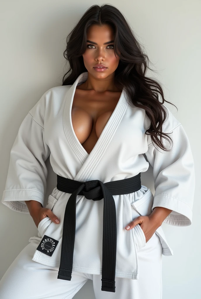 woman in white uniform posing for a picture, gorgeous female, generous cleavage open jacket, jacket over bare torso, open shirt, 