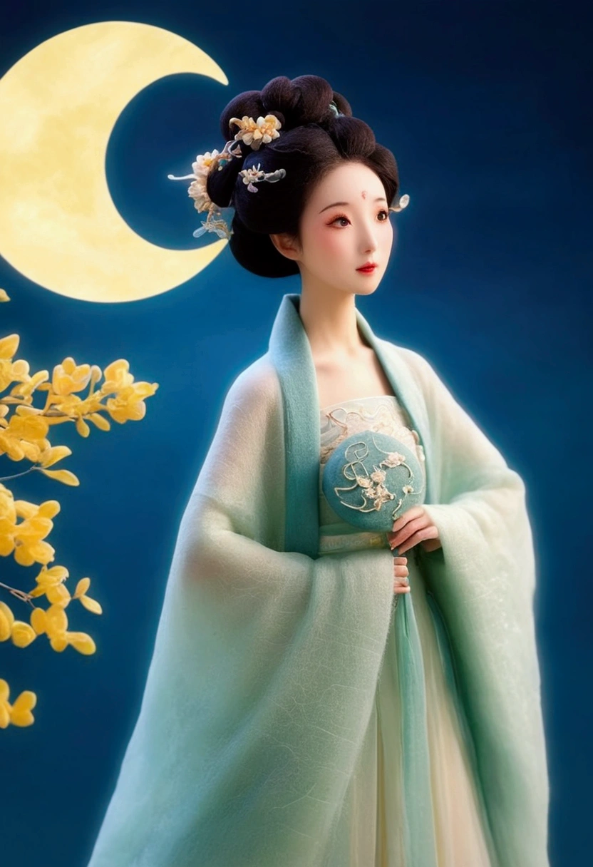 Felt style，a stunning Chinese beauty dressed in elaborate Hanfu attire. background is The round and brigh moon, casting a celestial glow on the scene. The Hanfu dress should be rich in color and detail, exuding a sense of traditional elegance,in the style of dynamic animered threads,romatic,dreamy,ultra-realistic,ultra-detailed. best quality, ultra detailed, 8k，Felt texture，Dance，osmanthus tree