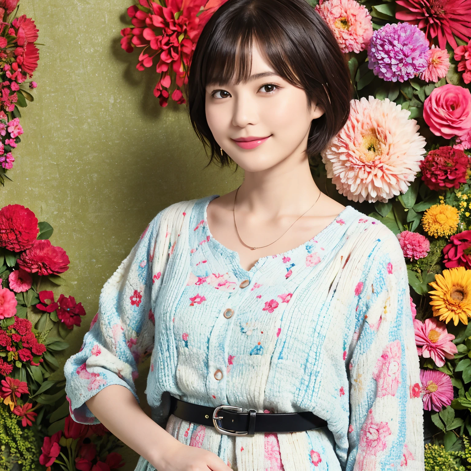 Araffe woman in a floral dress standing in front of a wall of flowers ...