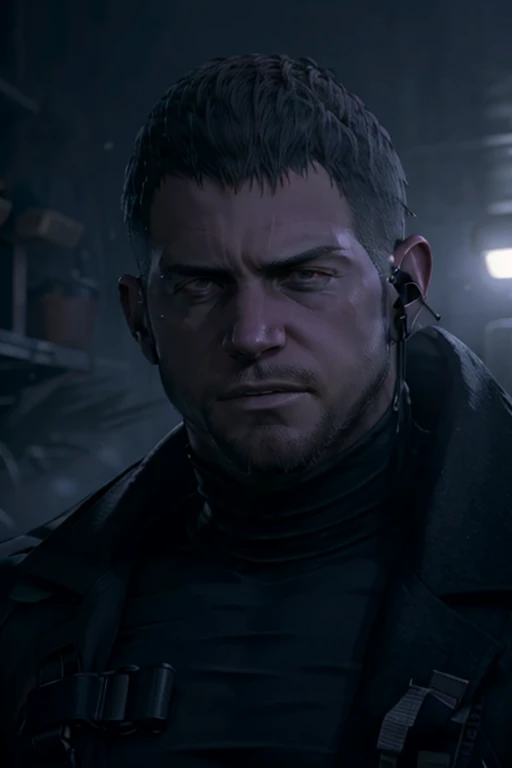 Dark gothic village in the background, old Chris Redfield from Resident Evil 8, 4, muscular male, tall and hunk, black cold turtleneck, straps, earpiece, beard, handsome face, deadpan, video games style, high resolution:1.2, best quality, masterpiece, dark nightime, dark atmosphere, volumetric lighting, shadow, potrait, face close up