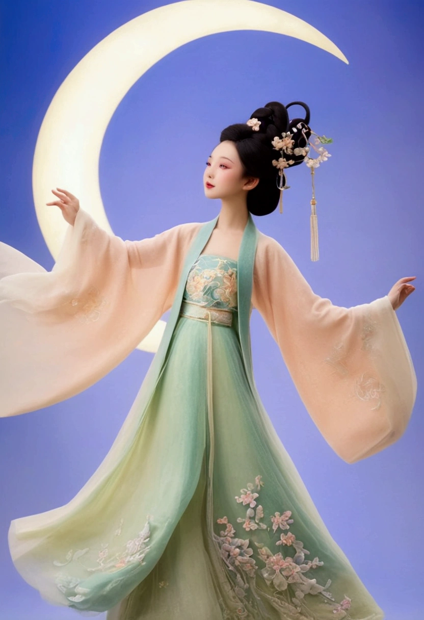 Felt style，a stunning Chinese beauty dressed in elaborate Hanfu attire. 伸展胳膊在空中Dance，Dangling，background is The round and brigh moon, casting a celestial glow on the scene. The Hanfu dress should be rich in color and detail, exuding a sense of traditional elegance,in the style of dynamic animered threads,romatic,dreamy,ultra-realistic,ultra-detailed. best quality, ultra detailed, 8k，Felt texture，Dance，osmanthus tree