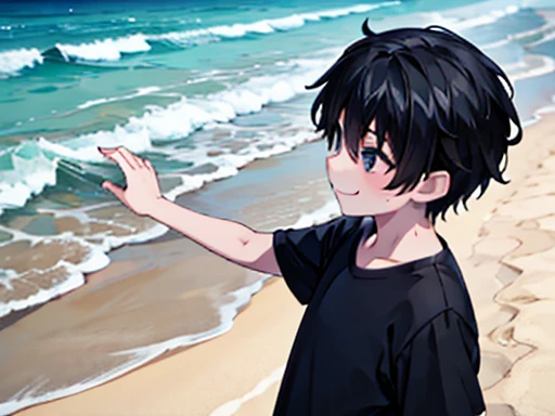 1 boy, stretch both arms, Black short hair, He is wearing a grey shirt, He smiles, Sandy Beach