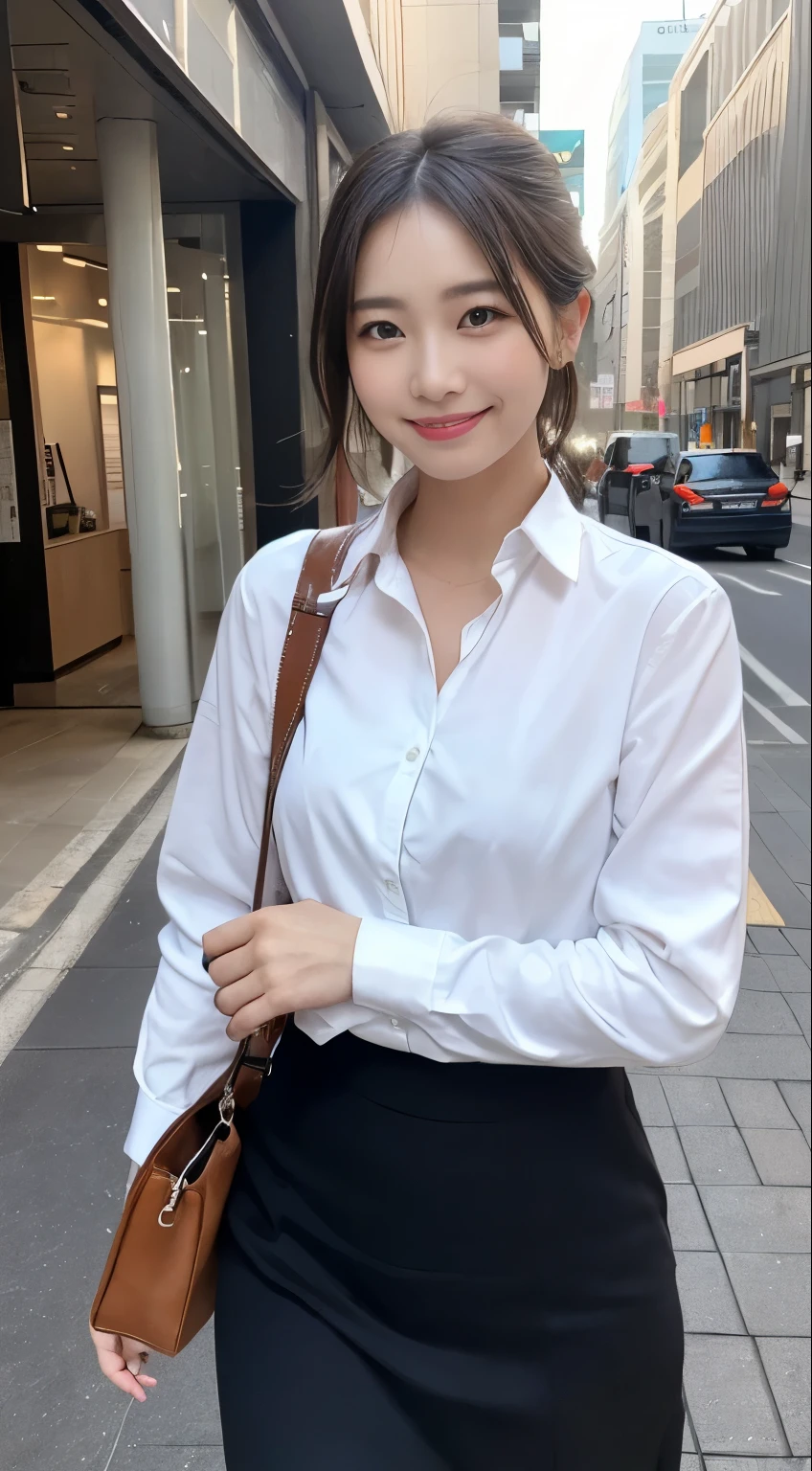 (((Highest quality, 8k wallpaper, Tabletop, Ultra HD: 1.3))), Women in reality、A woman around 2,Japanese women、(Perfect body composition 2)), ((Beautiful attention to detail, Natural color lip、Beautiful face、Gaze looking at the camera、Glowing Skin、Beautiful skin quality、Lip gloss)), ((Random and cute expressions:1.5,happiness:1.6)),,((Short Bob、Cute Hairstyles)),After work、evening、Walking on the sidewalk、Businesswoman、In a suit、Carrying a bag over his shoulder