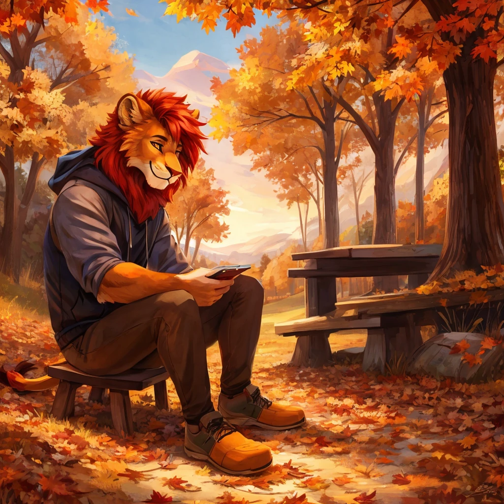 An anthropomorphic orange lion, autumn park scene, casual clothes, red hair, closed smile, seated on the hills in a park, high quality furry art.