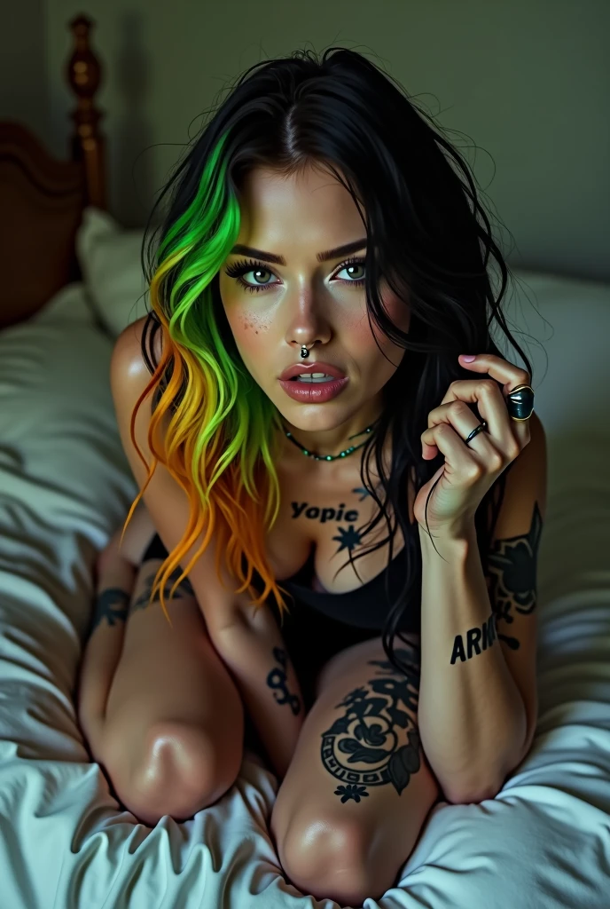 20 year old woman in a club, (More realistic skin texture:1.2), red and turquoise Body Tattoo, natural skin textur, tanned skin, mouth open a bit
frightened, leaning, sexy photo, erotic, color Cloth & Dress, bun hair
lightroom, soft cinematic light