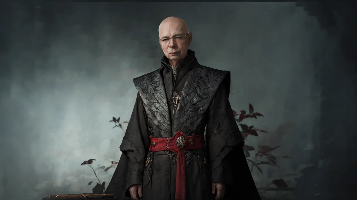 klaus schwab, an evil magician, necromancer, fantasy, dark energy, spooky background, 