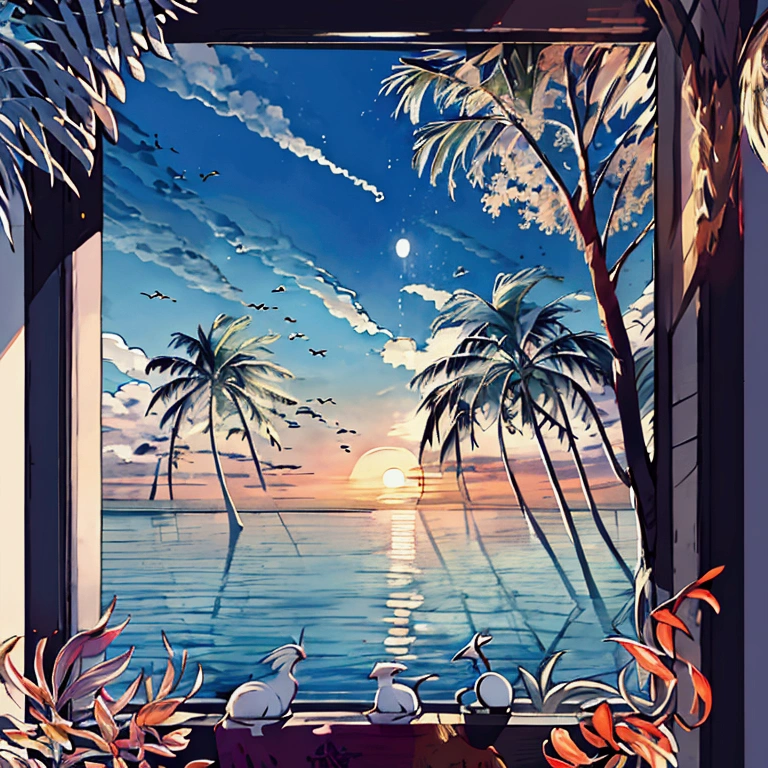 window，illustration，Sea，Sunset，coconut tree，Exquisite，detail，masterpiece