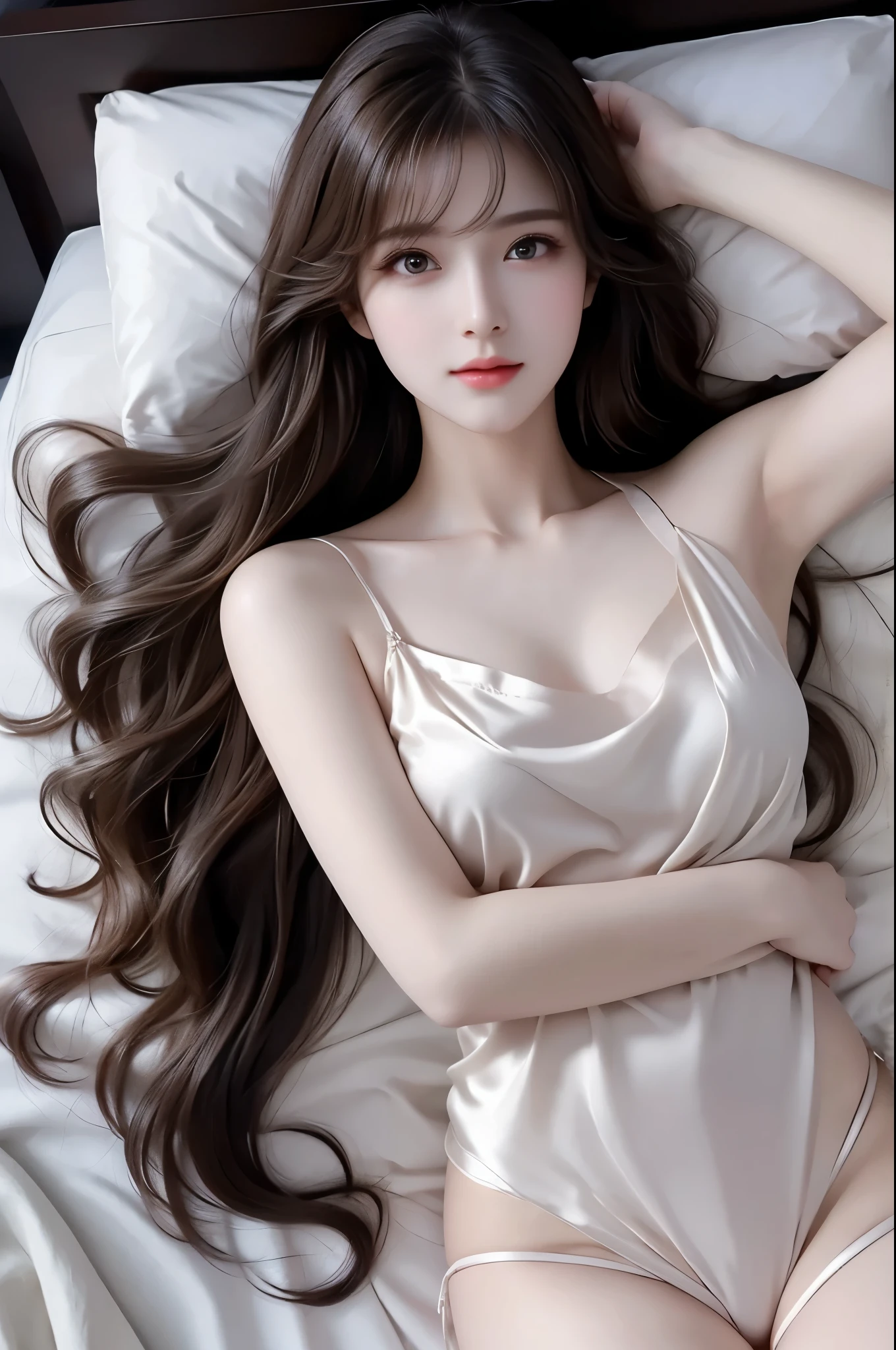 Young girl on a luxurious bed、crawling on all fours、Ultra-realistic photos captured in ultra-detail、she is so beautiful, highly detailed eyes, Luscious eyelashes, Looking at me seductively, big breasts、very slim body shape、perfectly formed lips, Incredible detailed image quality, Gentle curves create a small smile、Thin legs and small hips、intricate texture, Her long curly hair flows over her shoulders、(Wearing a silk nightgown)、bending the knees、Low-intensity indirect lighting、The scene is filled with faint things., relaxed atmosphere、