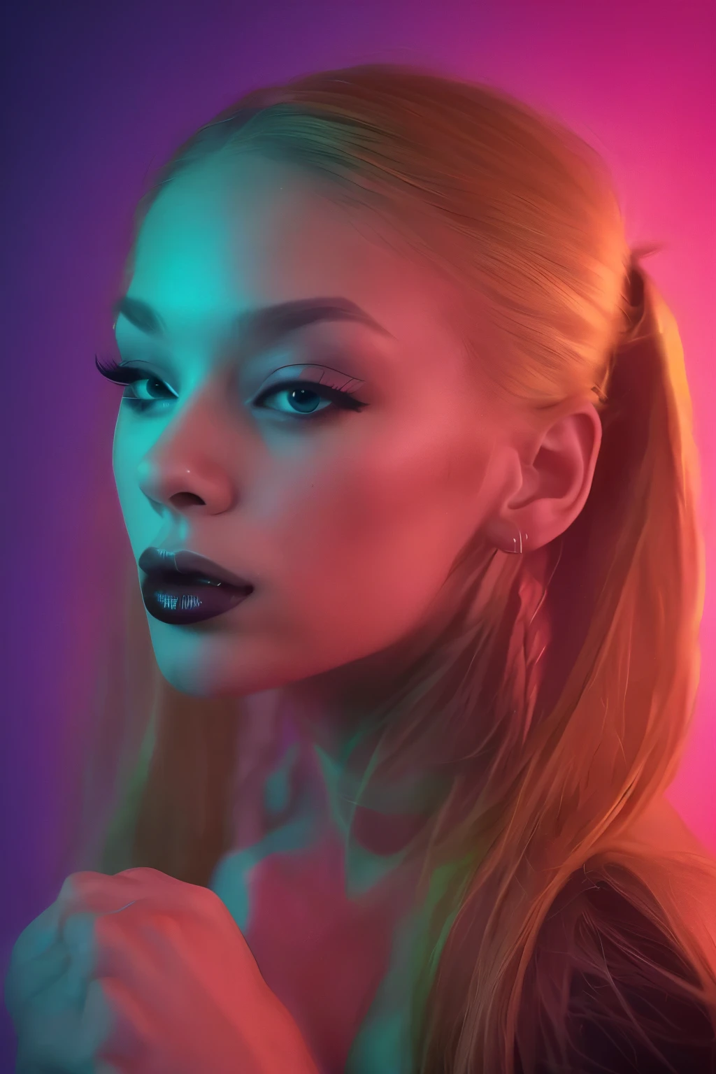 high resolution eye contact of blonde woman with bun hair and dark theme. (((Colorful lighting))).