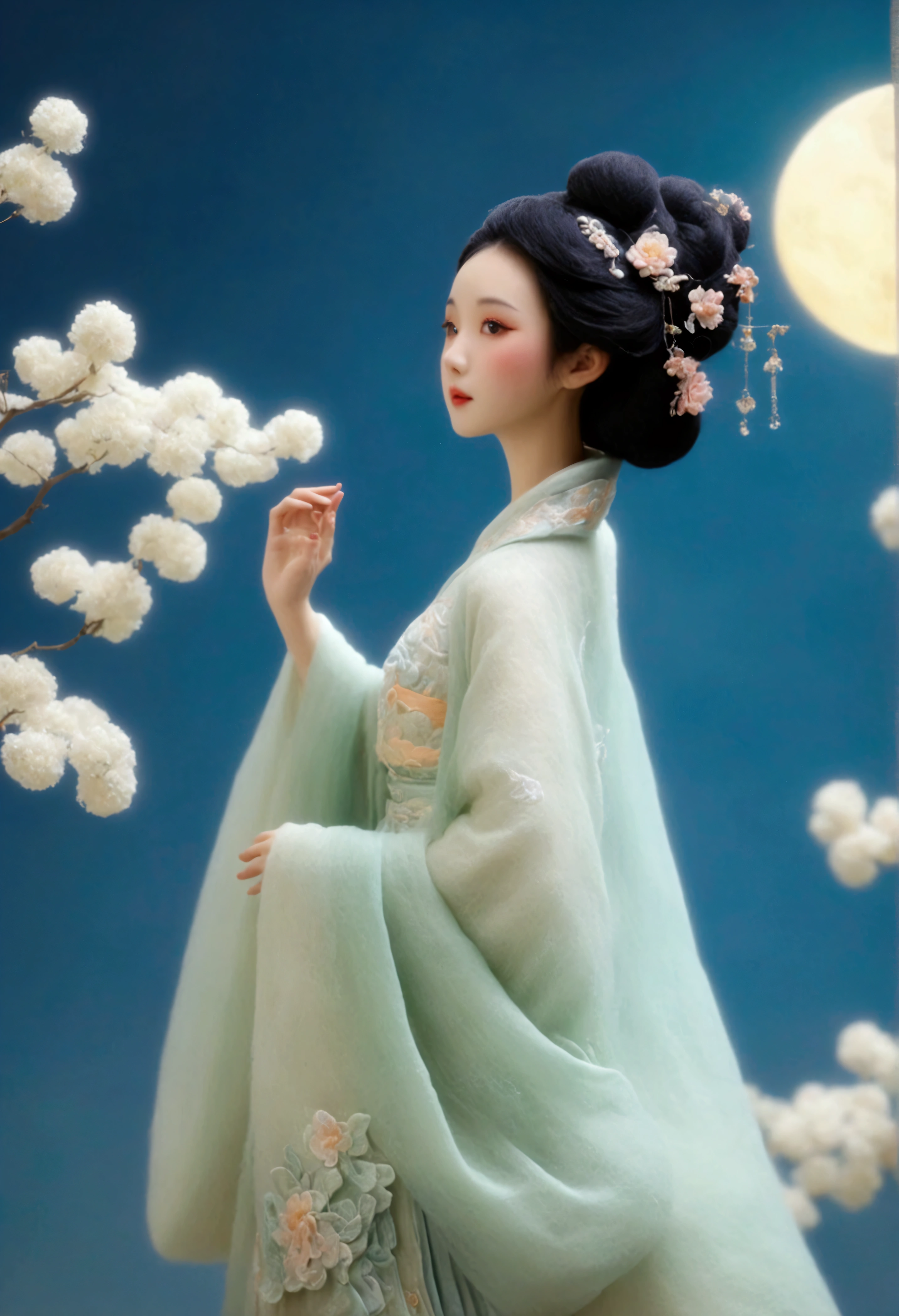 Felt style，a stunning Chinese beauty dressed in elaborate Hanfu attire. background is The round and brigh moon, casting a celestial glow on the scene. The Hanfu dress should be rich in color and detail, exuding a sense of traditional elegance,in the style of dynamic animered threads,romatic,dreamy,ultra-realistic,ultra-detailed. best quality, ultra detailed, 8k，Felt texture，Dance，osmanthus tree