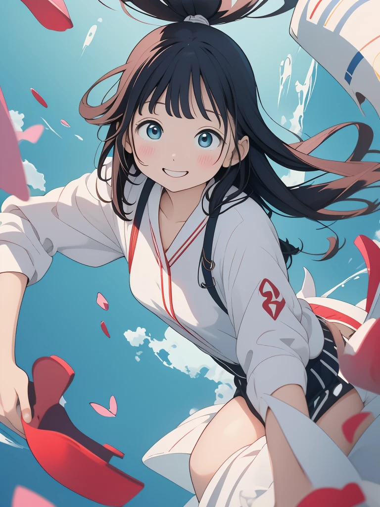 (masterpiece, Highest quality, Official Art:1.2), (colorful), Perfect Anatomy, Looking at the audience,One Girl, alone, White Background, floating colorful water, Ultra-fine illustrations, Highly Details, Dynamic Angle, Beautiful detailed, 8K, 壊す smiling amidst the colorful scenes, (High resolution), Anime Style, Dynamic Angle