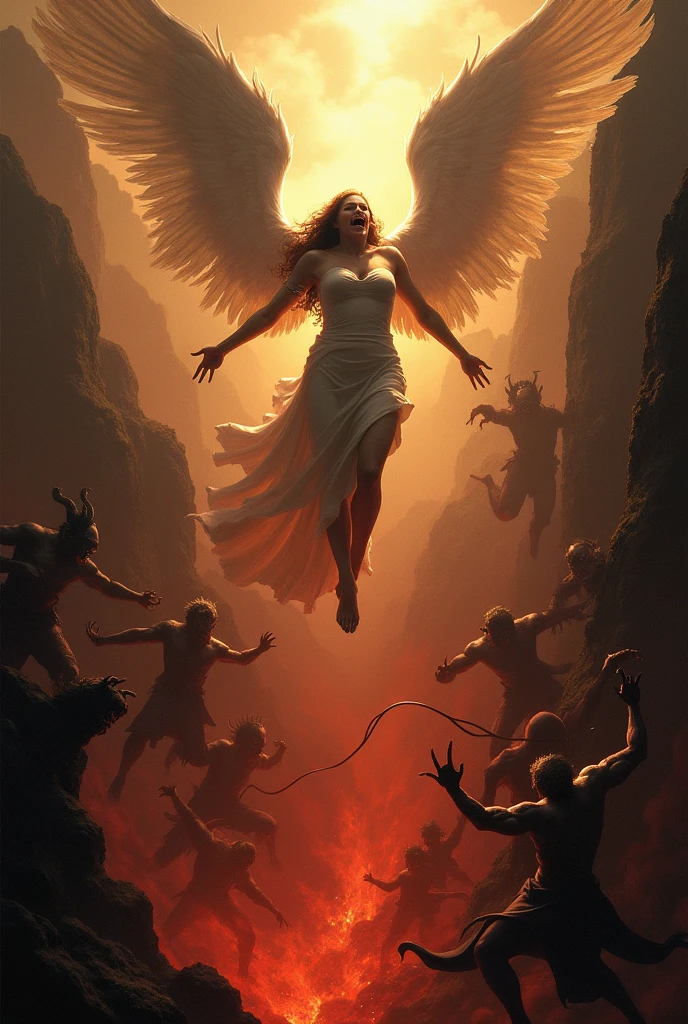 An angel falling from heaven to hell and all bad spirits taking him ...