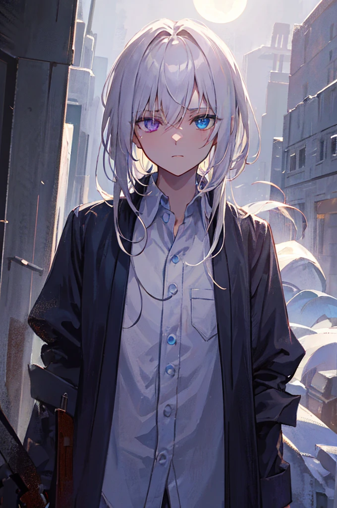 Silver-haired dark wizard, Heterochromia iridis, blue eyes, Deep purple eyes, Wear a collared shirt, Holding a gun in the moonlight, Very detailed, Dramatic lighting, Dark Sci-Fi, Structure of the film, Gloomy atmosphere, Very detailed, Dramatic lighting, Chiaroscuro, (Young people)