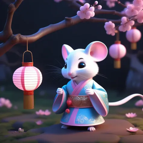 little white mouse wearing soft new year tang dynasty hanfu, super cute, intricate filigree design, pixar style, anthropomorphic...