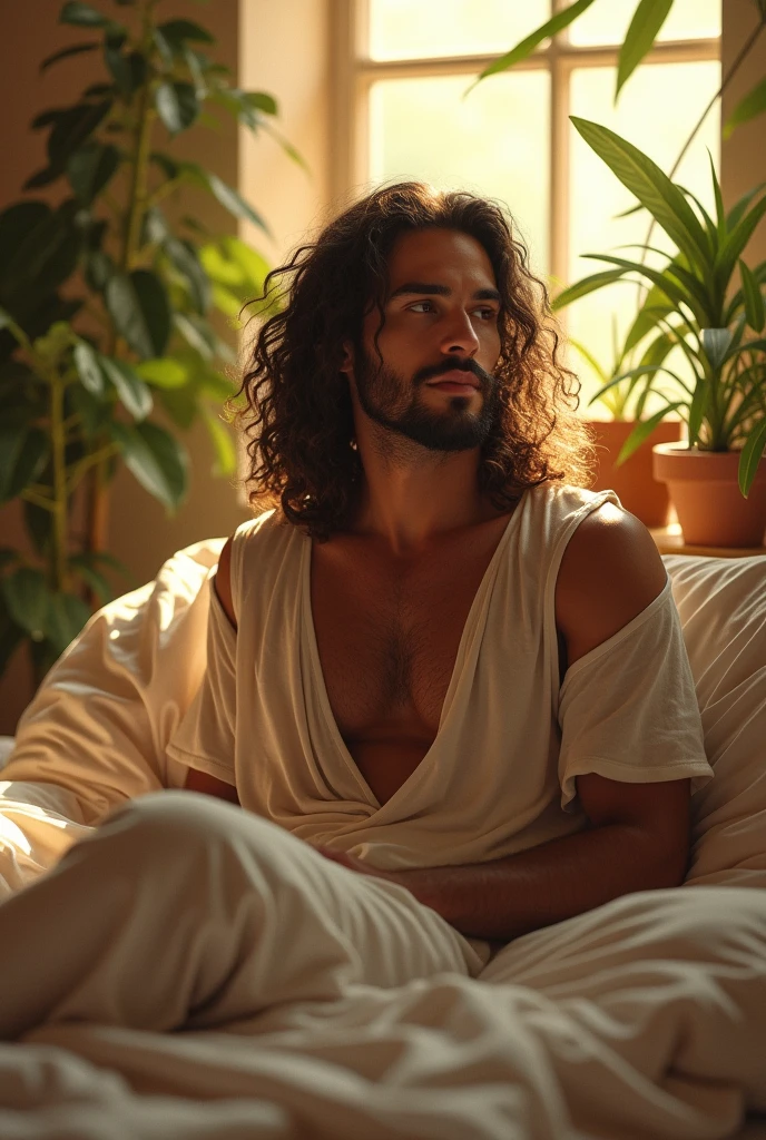 (photorealism:1.2), beautiful man,
 sitting on bed, wearing loose off-shoulder top, pajama pants, long curly hair, indoors, soft lighting, plants in background, window with sunlight, cozy room, relaxed pose, realistic, intricate details, warm colors, by Greg Rutkowski, by Alphonse Mucha