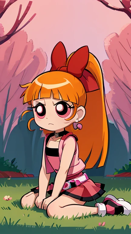 (1girl, solo, (ppgzbs)), (extremely detailed CG unit 8k wallpaper),(master part), (best quality), (ultra detail), (best illustration),(chibi Powerpuff Girls - Show Style), cowboy shot, (Sharp eyeliner, ombre, detailed eyes:1), forest, outdoors background, ,break,  (digital art), upper body, (red eyes, long hair, ponytail, hair bow, blunt bangs, earrings, black choker, pink vest, red skirt, belt, sitting, frown)