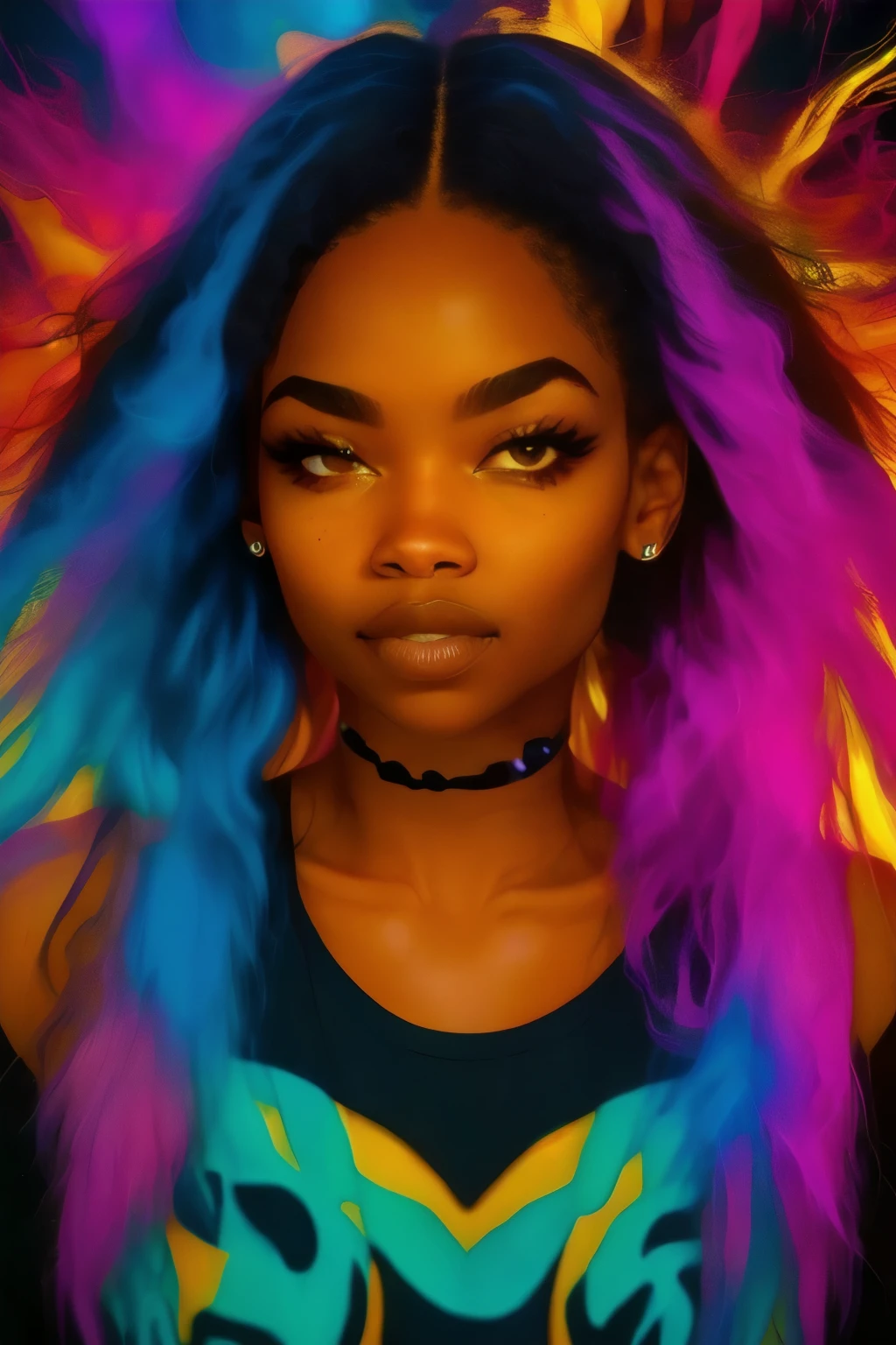 high resolution eye contact of black woman with dreadlock hair and dark theme. (((Colorful lighting))).