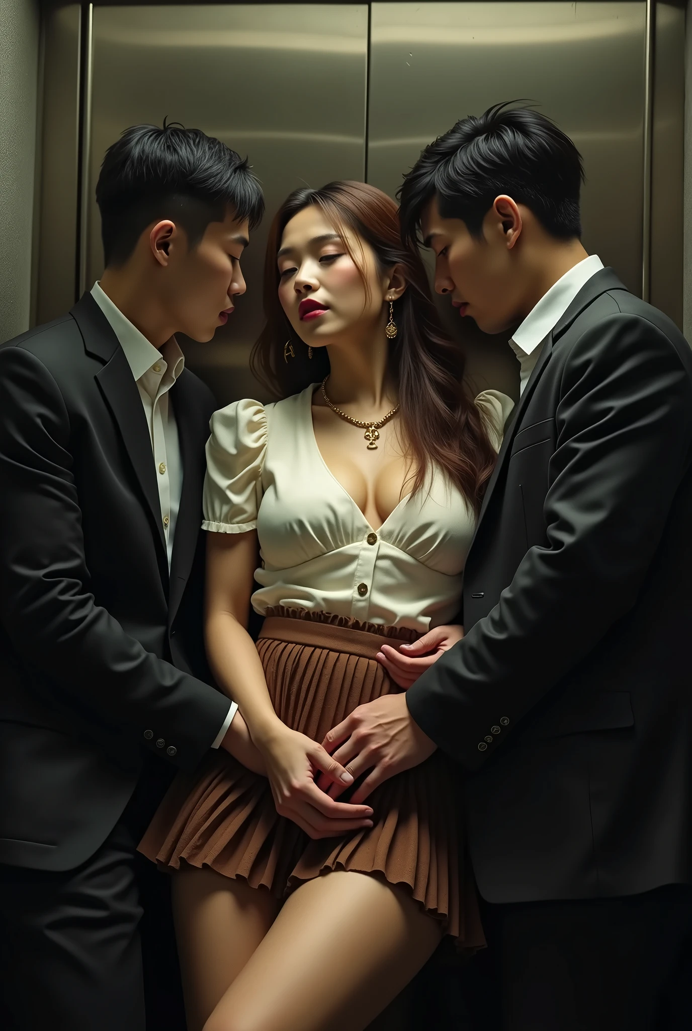 A man is making a Chinese young woman in a Chinese dress smoke drug with an opium pipe. The man holds the opium pipe in his hand, He makes the opium pipe put on her mouth to force her to smoke the drug. The young woman is really high, completely drugged up. (The young woman is really high, completely drugged) ((The young woman is really high, completely drugged up)) The young girl is addicted to drugs and she cannot stop smoking the drug. She can’t walk, stand or settle due to the drug effect,, and she leaned against the man. The skin is translucent white and Her breasts are about a C cup. The man is about to rape her. The room is full of smoke