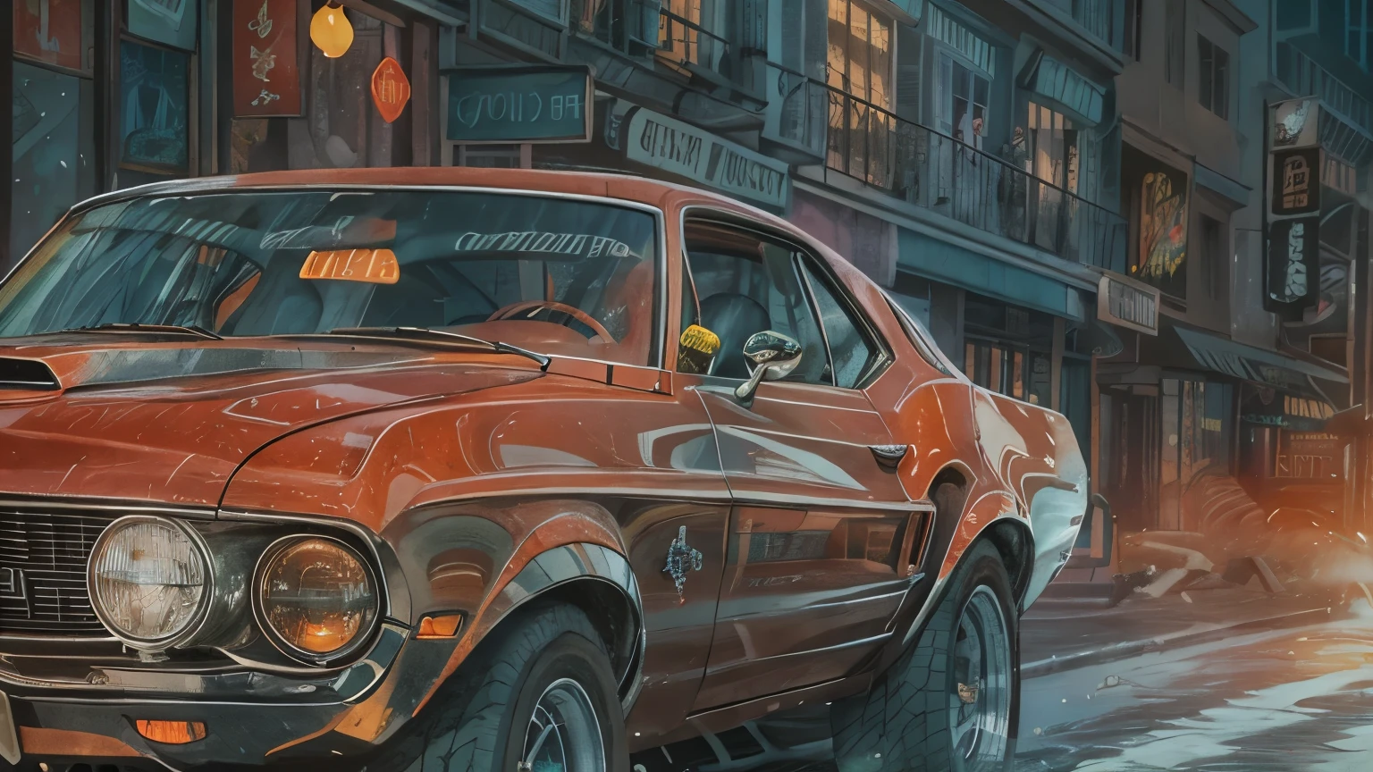 In a notebook page with thin blue lines, Detail of a 1970 Ford Mustang Mach 1. car, Bright red body with black stripes, Parked on a city street under the soft light of a street lamp. Lights reflected on the wet street，Create a dramatic、Lively atmosphere. The scene is rendered in a surreal pencil drawing style, Inspired by Diego Koi&#39;s detailed and realistic work, Emphasizes detailed shadows, complex texture, and impressive depth, 以惊人的真实感让car和环境栩栩如生.
