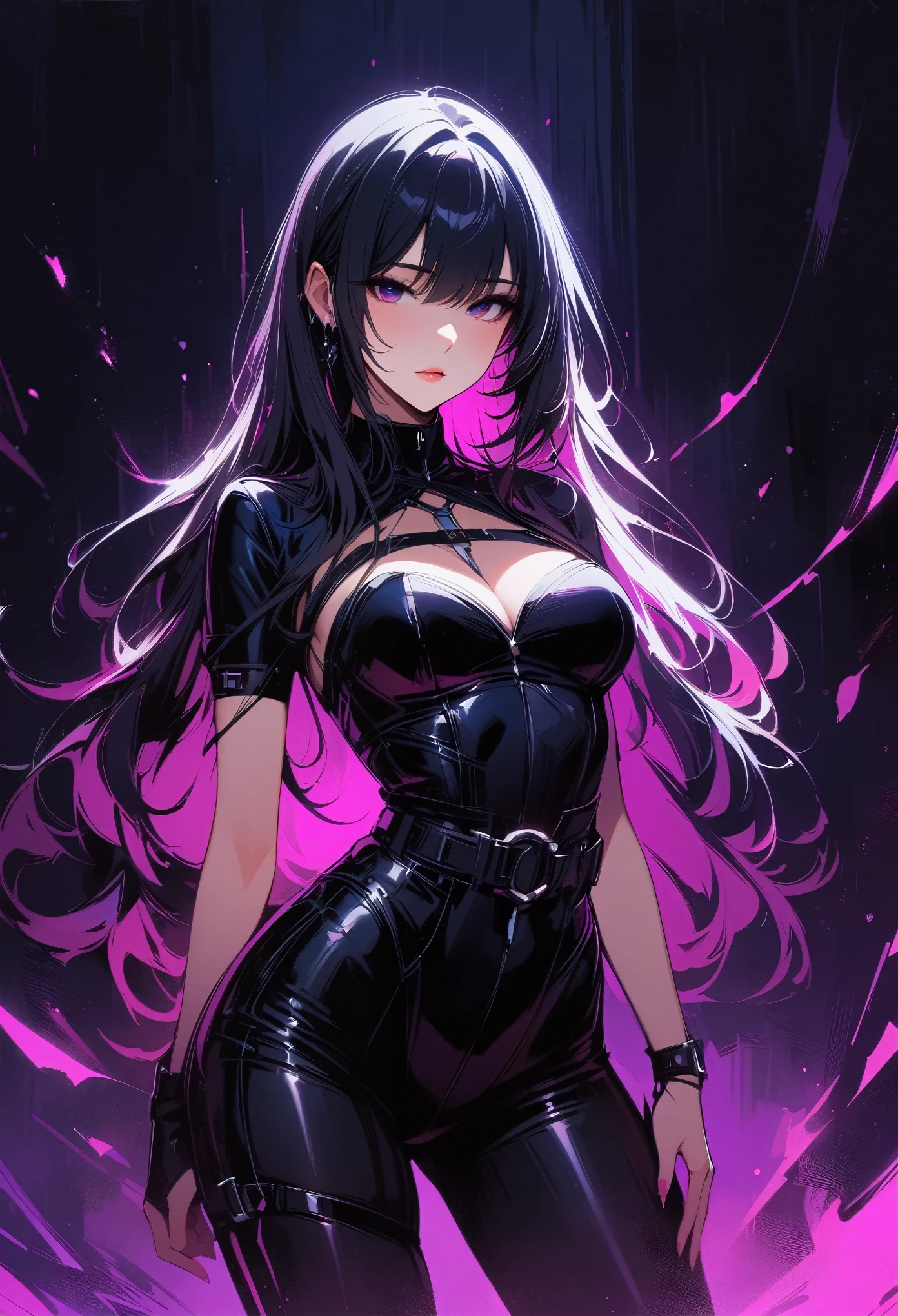 (high quality, 8k, 4K, high contrast, artwork:1.2, high quality, best aesthetics), (dynamic angle), ((1 woman)), erotic, sensual, mature body, super detailed, beautiful face detailed, beautiful eyes detailed, detailed beautiful mouth, sexy body, perfect breats, perfect wide thighs, pale skin, dark purple hair, dark purple long hair, dark purple straight hair, dark purple eyes, long eyelashes, penetrating look, serious, gothic makeup, black lipstick, black eyeshadow, black eyeliner, nun, black nun clothes, dark purple demon horns, church, purple lighting, centered, standing upright.