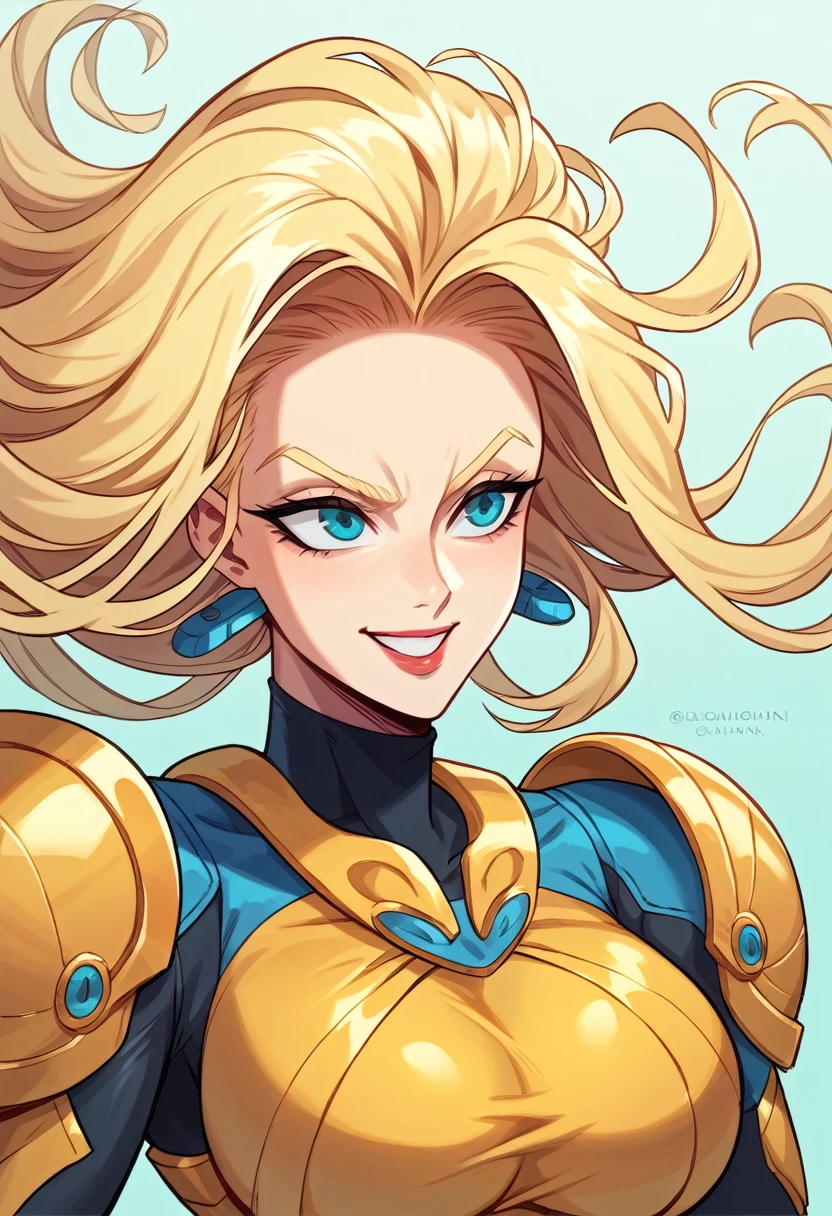 A close-up of a person with cut blonde hair, friendly smile, no watermark signature, holy woman, hyperdimension, inspired by Edwin Dickinson, tall goddess, thin and beautiful, Neutron, smoothed, colors: celeste, blue, yellow, Uranium, Future perfect, Alone, big chest, He wears white and gold armor., neckline