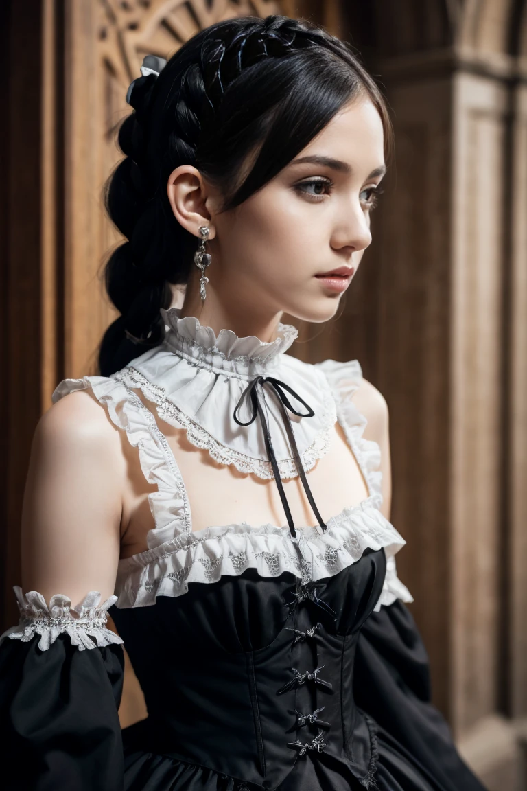 slender figure, long legs, Pale skin, black hair, beautiful, Gothic Lolita outfit, with a black main color and delicate lace, matched with a white pleated collar and cuffs, formed a unique visual impact, braids. The small and delicate earrings on her ears. photorealistic details. close up shot