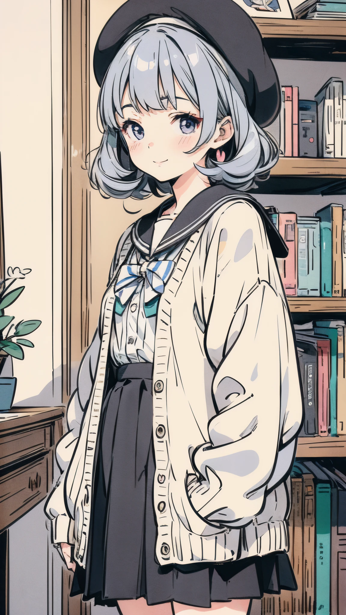 "A charming anime-style female character with a soft, round face and fair skin, smiling gently. She has short, pastel lavender hair styled in soft curls that frame her face, with bangs lightly covering her forehead. Her large, expressive eyes are deep purple, slightly tilted, giving a friendly yet mysterious appearance. She is wearing a sailor-style school uniform with a black and white color scheme. The top is a white cardigan with large white bows and black details, layered over a black sailor collar with white stripes. She also wears a black pleated skirt that is short but modest. The outfit gives off a cozy, soft aesthetic. As an accessory, she has a small plush bunny attached to her cardigan, adding a cute touch. On her head, she wears a black beret with white stripes, matching the color scheme of her outfit. The character stands in a cozy bedroom with soft, warm lighting, shelves full of books, and a desk with a computer in the background. The overall vibe is peaceful and welcoming."