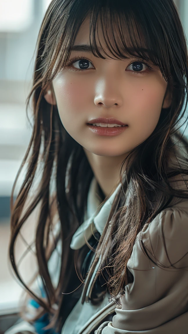 Highest quality, Face Focus, (Depth of written boundary) ,Ultra-high resolution, (Realistic:1.8), RAW Photos, (Portraiture:1.4), (Tight clothing that only exposes the chest area), Half Japanese and half Armenian girl,(Side part), (Despite being thin, she has an abnormally large rocket-like chest.), 20-year-old, Model pose,alone, cute,Natural Makeup,smile (black eye), Natural Face, Cleavage,