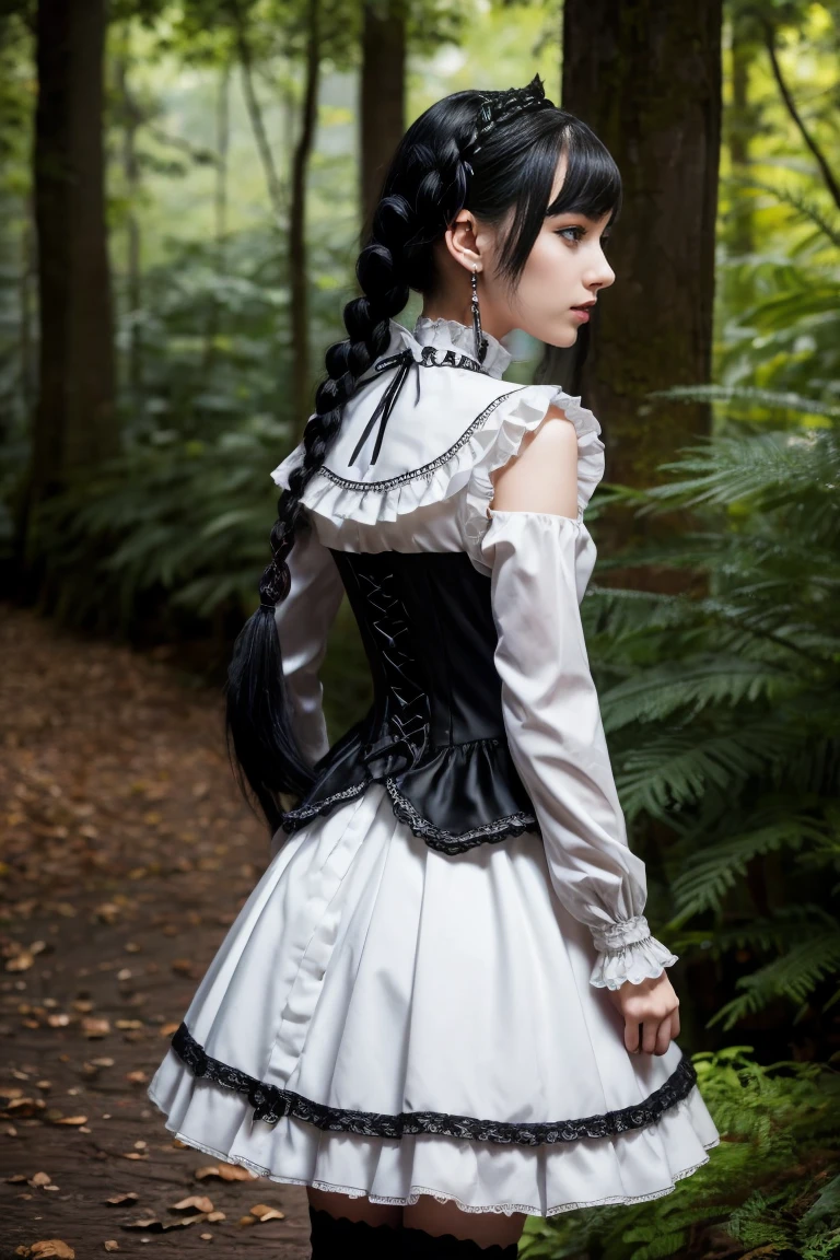 slender figure, long legs, Pale skin, black hair, beautiful, Gothic Lolita outfit, with a black main color and delicate lace, matched with a white pleated collar and cuffs, formed a unique visual impact, braids. The small and delicate earrings on her ears. photorealistic details.