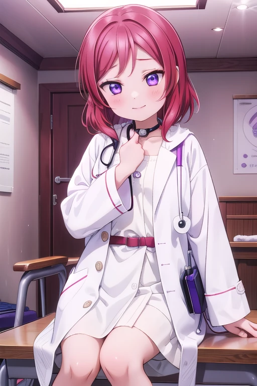 Maki Nishikino、Embarrassed smile、Bedroom、Red hair、Purple Eyes、Long white coat,Wearing a white coat，doctor,Examination room、Put a stethoscope around your neck、Sit in the examination chair、One girl, solo, One girl, 