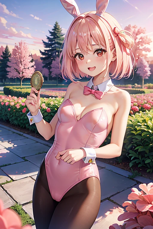 solo, 1 woman, Masterpiece, highest quality, highest quality, 16K, incredibly absurd, highly detailed, 2.5D, delicate and dynamic, very delicate facial expressions, delicate eye depiction, erotic, only sexy woman, healthy figure, 25-year-old woman, bride, 160cm tall, medium firm swaying bust, (short hair), (pink hair:1.5), bob cut, black eye, smile, ((thin thighs)), (visible nipples:0.7), (camel toe:0.3), ((shiny and lustrous)), facing straight at viewer, (standing), sexy pose, Bright outdoor park during daytime, cowboy shot, (arms behind back),
