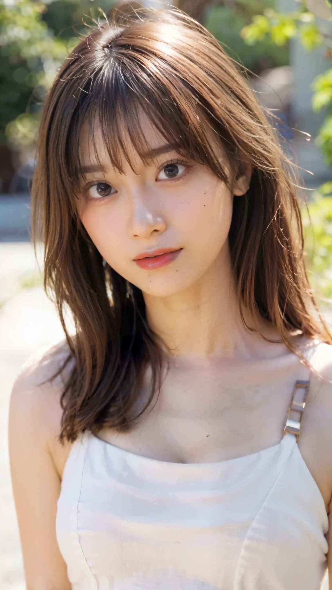 ((((Detailed explanation)))),(((masterpiece、Highest quality、Very detailed:1.42、Focus on the eyes)))、Female in her late teens、Portraiture、Blurred cityscape at dusk、Silhouette of buildings and street lampedium length dark brown hair、natural wavy curls、The wind is blowing softly、Some hair falls to the side of the face、Skin is smooth、Healthy olive color、The tan lines are faintly visible、Natural redness on the cheeks、I have a few small laugh lines on my forehead、Eyes with dark brown irises、The pupil is shining, Reflects light、Long curled eyelashes、Highlights the eyes、Eyebrows are thin and trimmed、Natural Arch、Small nose、straight、straight nose、lips are plump、soft pink lip gloss、Ultra-thin camisole、Barefoot and barefoot、A simple silver bracelet on her right wrist、A small diamond earring sparkles in her left ear..、The expression is calm、have confidence、smile、(((Emphasize the contrast between light and shadow)))、Realistic textures and facial details