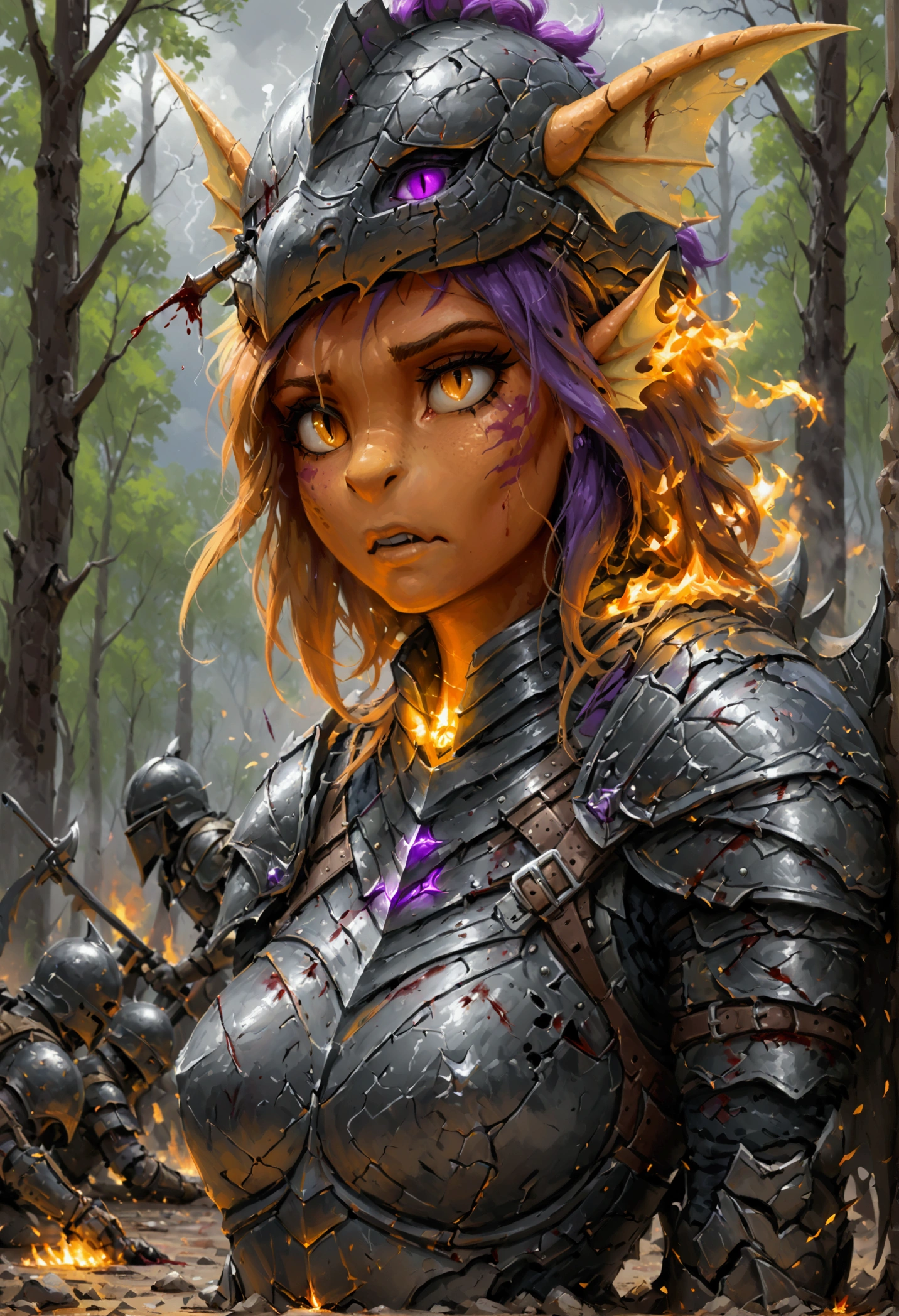 smolder, dragon, adult, big sized, female, orange skin, dragon tail, dragon wings, purple hair, scratched and dented plate armor, leather belts holding armor, dented helmet with purple crest, broken armor, armored legwear, armlet, 01DA, wardrobe malfunction, beaten, bruized, on battlefield, dirt road, near forest, burning wagon on background, arrows stuck in the ground, detailed background, broken weapons, dead bodies, blood puddles, bloody scratches, lying on side, one eye closed, cuts, imminent defeat, game over, masterpiece, absurd res, dramatic lightning, looking up