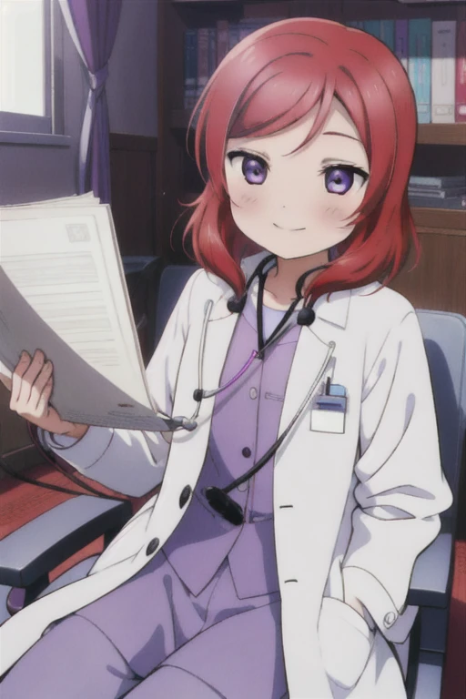 Maki Nishikino、Embarrassed smile、Bedroom、Red hair、Purple Eyes、Long white coat,Wearing a white coat，doctor,Examination room、Put a stethoscope around your neck、Sit in the examination chair、One girl, solo, One girl, 