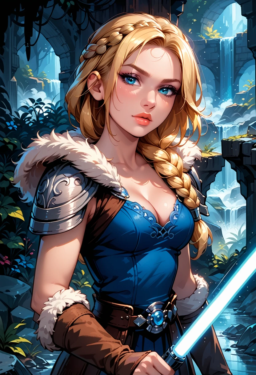 Dark Fantasy Art of score_9, score_8_up, score_7_up, rating_questionable, fantasy, lighting, epiCPhoto 1girl, solo, very sexy smuggler jedi (ASTRIDHOFFERSON, blonde hair, braid, Long hair, blue eyes, fur trim, shoulder armor, armor, pauldron:1.2), cleavage, flirt, gaze, sexy look, half-closed eyes, head tilt, filled lips, thick lips, makeup, confident look, swinging blue zzLightSaber, attack stance, motion lines from lightsaber, modelling shoot, sexy pose, rocky shore setting, dark, moody, dark fantasy style, (midnight, moonless night:1.1), cowboy shot.