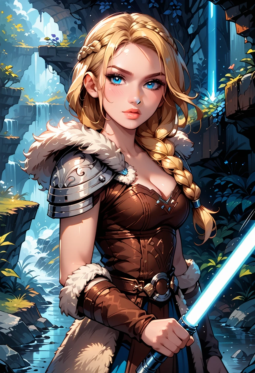 Dark Fantasy Art of score_9, score_8_up, score_7_up, rating_questionable, fantasy, lighting, epiCPhoto 1girl, solo, very sexy smuggler jedi (ASTRIDHOFFERSON, blonde hair, braid, Long hair, blue eyes, fur trim, shoulder armor, armor, pauldron:1.2), cleavage, flirt, gaze, sexy look, half-closed eyes, head tilt, filled lips, thick lips, makeup, confident look, swinging blue zzLightSaber, attack stance, motion lines from lightsaber, modelling shoot, sexy pose, rocky shore setting, dark, moody, dark fantasy style, (midnight, moonless night:1.1), cowboy shot.