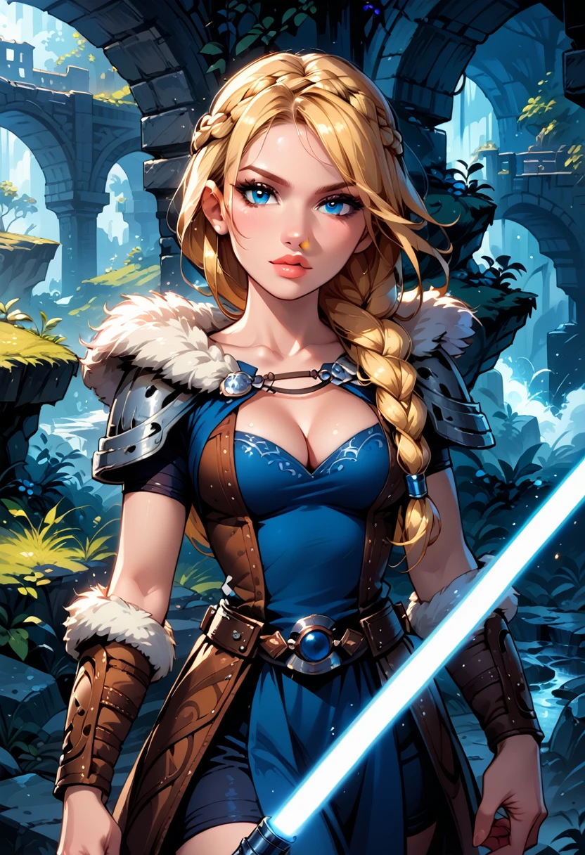 Dark Fantasy Art of score_9, score_8_up, score_7_up, rating_questionable, fantasy, lighting, epiCPhoto 1girl, solo, very sexy smuggler jedi (ASTRIDHOFFERSON, blonde hair, braid, Long hair, blue eyes, fur trim, shoulder armor, armor, pauldron:1.2), cleavage, flirt, gaze, sexy look, half-closed eyes, head tilt, filled lips, thick lips, makeup, confident look, swinging blue zzLightSaber, attack stance, motion lines from lightsaber, modelling shoot, sexy pose, rocky shore setting, dark, moody, dark fantasy style, (midnight, moonless night:1.1), cowboy shot.