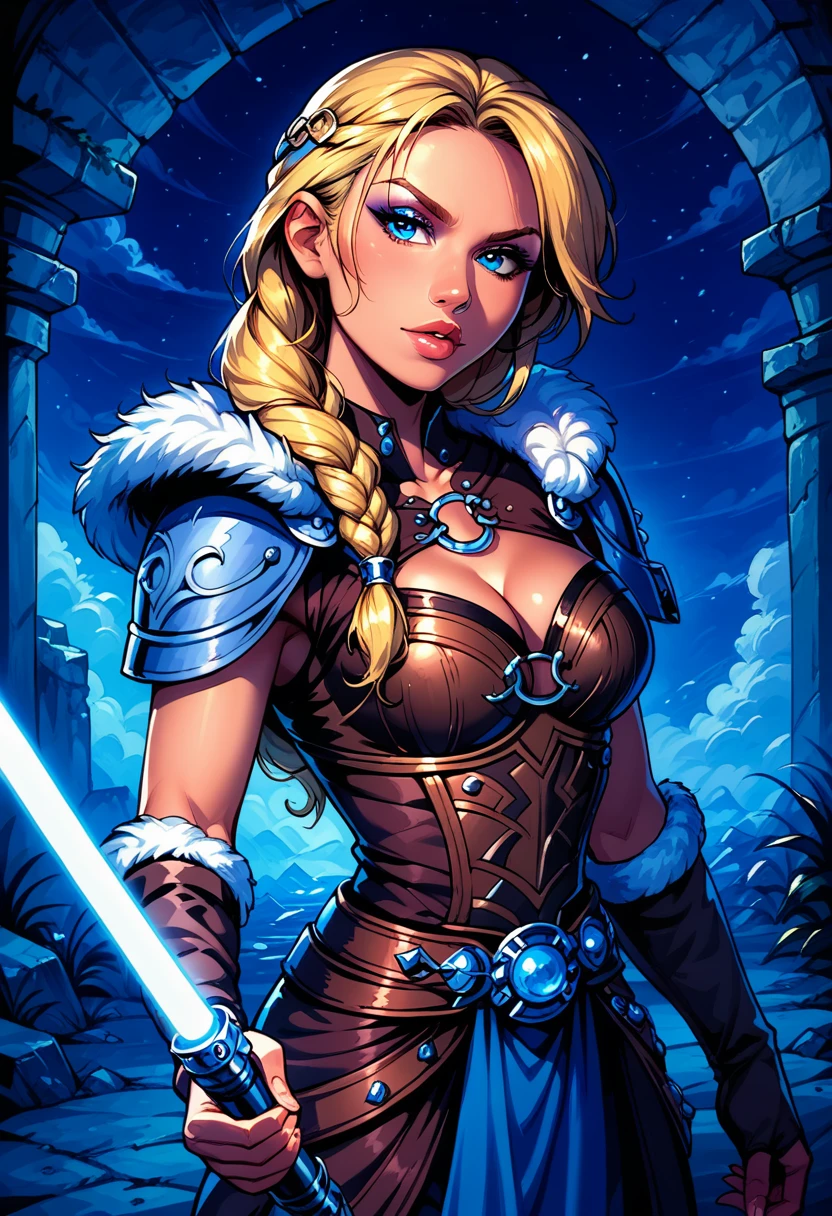 Dark Fantasy Art of score_9, score_8_up, score_7_up, rating_questionable, fantasy, lighting, epiCPhoto 1girl, solo, very sexy smuggler jedi (ASTRIDHOFFERSON, blonde hair, braid, Long hair, blue eyes, fur trim, shoulder armor, armor, pauldron:1.2), cleavage, flirt, gaze, sexy look, half-closed eyes, head tilt, filled lips, thick lips, makeup, confident look, swinging blue zzLightSaber, attack stance, motion lines from lightsaber, modelling shoot, sexy pose, rocky shore setting, dark, moody, dark fantasy style, (midnight, moonless night:1.1), cowboy shot.