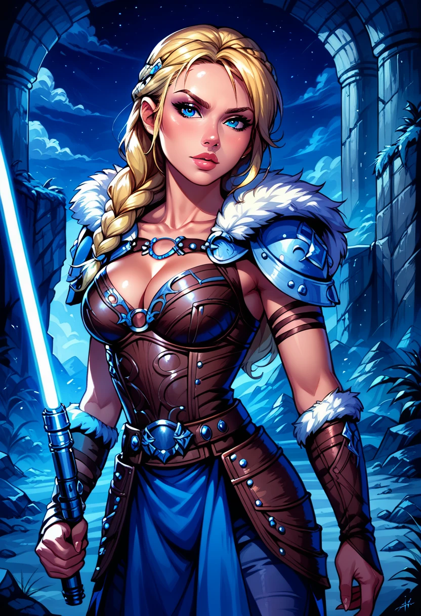 Dark Fantasy Art of score_9, score_8_up, score_7_up, rating_questionable, fantasy, lighting, epiCPhoto 1girl, solo, very sexy smuggler jedi (ASTRIDHOFFERSON, blonde hair, braid, Long hair, blue eyes, fur trim, shoulder armor, armor, pauldron:1.2), cleavage, flirt, gaze, sexy look, half-closed eyes, head tilt, filled lips, thick lips, makeup, confident look, swinging blue zzLightSaber, attack stance, motion lines from lightsaber, modelling shoot, sexy pose, rocky shore setting, dark, moody, dark fantasy style, (midnight, moonless night:1.1), cowboy shot.