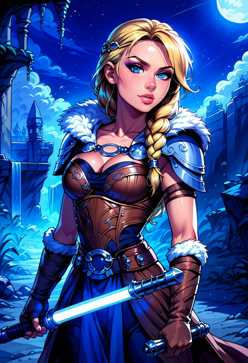 Dark Fantasy Art of score_9, score_8_up, score_7_up, rating_questionable, fantasy, lighting, epiCPhoto 1girl, solo, very sexy smuggler jedi (ASTRIDHOFFERSON, blonde hair, braid, Long hair, blue eyes, fur trim, shoulder armor, armor, pauldron:1.2), cleavage, flirt, gaze, sexy look, half-closed eyes, head tilt, filled lips, thick lips, makeup, confident look, swinging blue zzLightSaber, attack stance, motion lines from lightsaber, modelling shoot, sexy pose, rocky shore setting, dark, moody, dark fantasy style, (midnight, moonless night:1.1), cowboy shot.