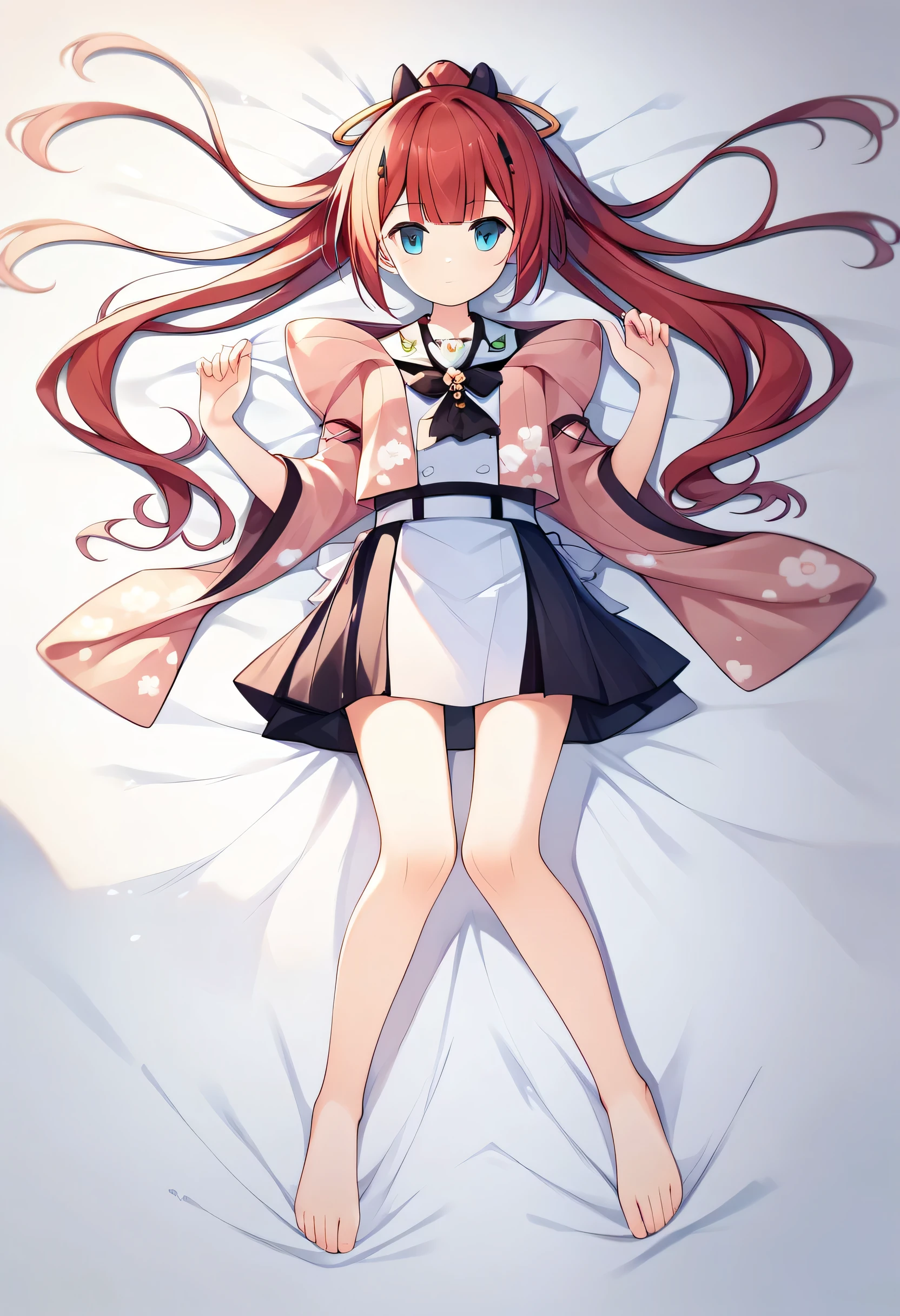 whole body,Photograph down to the feet、Eyes open、Awake、((masterpiece)), ((Highest quality)), ((High resolution)), ((Highly detailed CG Unity 8k wallpaper)), alone,  Shiki Kamiyama, ponytail, Pink jacket, White Uniform, Lie on white sheets