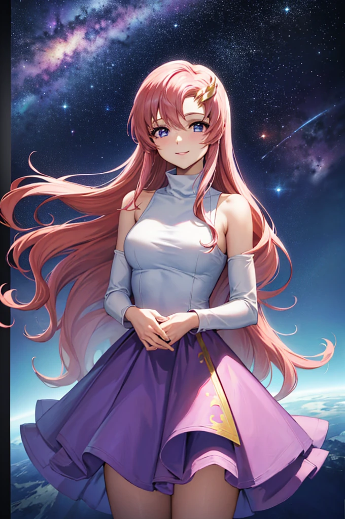 (masterpiece:1.3), (Highest quality:1.1), (8k, Super detailed, Ultra-high resolution:1.2), ((Anime Style)), Five perfect fingers, Perfect Anatomy, 
One girl,
break long hair, Wavy Hair, Pink Hair, Purple eyes, Shooting from above, 
break(White Turtleneck, Purple Skirt, 取りoutsideし可能な袖, Shoulder hole tops), 
break looking at viewer, smile, Are standing, 
(Cowboy Shot 1.2), (Detailed Background:1.2), (屋outside, outside, space, Cosmos, Milky Way:1.2), 