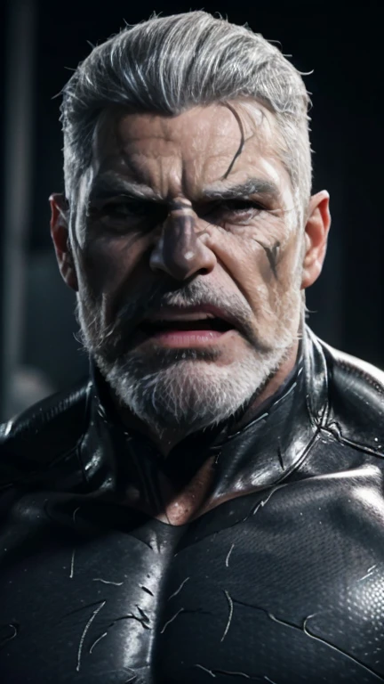 a muscular man, Quiff hairstyle, gray hair, gray mustache, gray beard, venom symbiote, large white spider symbol on symbiote, handsome face, detailed eyes, nose and lips, mouth wide open, detailed teeth, detailed vampiric fangs, 8k, high quality, photorealistic, dramatic lighting, cinematic
