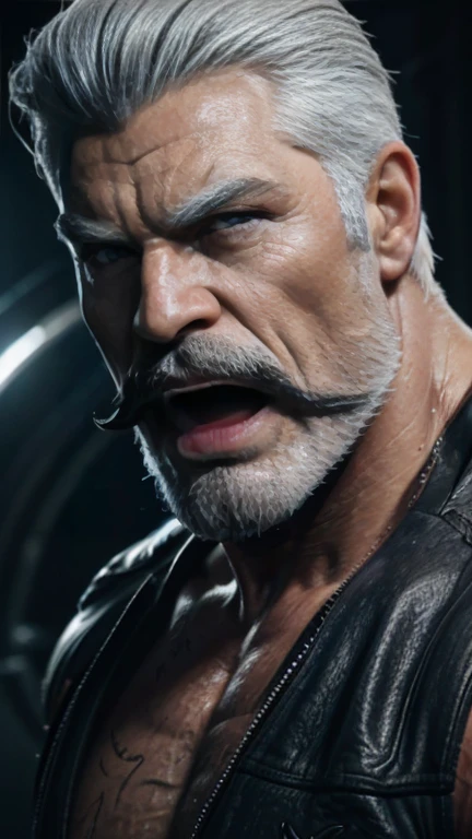 a muscular man, Quiff hairstyle, gray hair, gray mustache, gray beard, venom symbiote, large white spider symbol on symbiote, handsome face, detailed eyes, nose and lips, mouth wide open, detailed teeth, detailed vampiric fangs, 8k, high quality, photorealistic, dramatic lighting, cinematic
