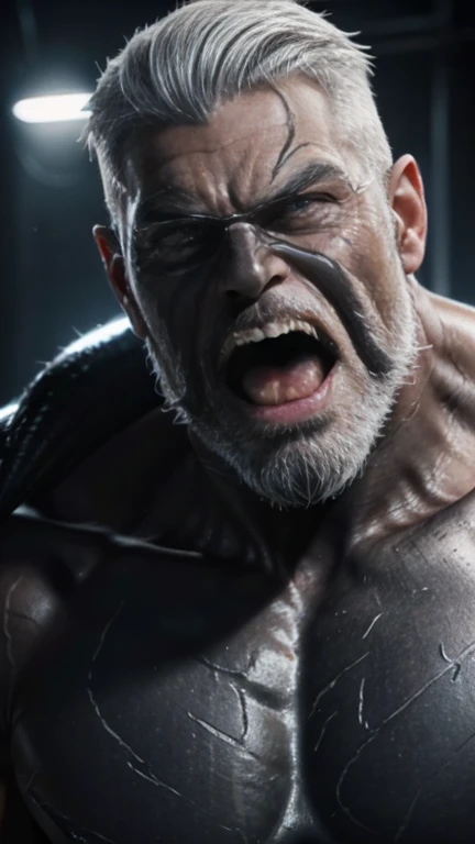 a muscular man, Quiff hairstyle, gray hair, gray mustache, gray beard, venom symbiote, large white spider symbol on symbiote, handsome face, detailed eyes, nose and lips, mouth wide open, detailed teeth, detailed vampiric fangs, 8k, high quality, photorealistic, dramatic lighting, cinematic
