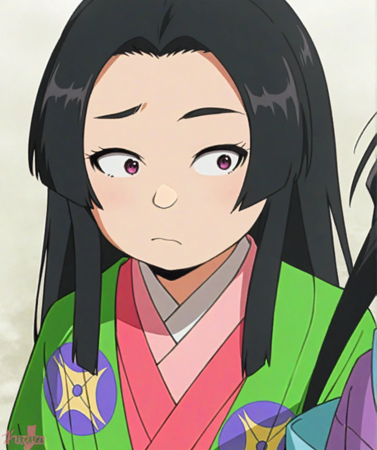 Anime girl with long black hair wearing green and purple kimono, Ehime, nezuko-chan, nezuko, harumi, Ishida Sui with black hair, Kaguya Otsutsuki, Hyuuga Hinata, mitsumayo, Close-up of a young anime girl, Nagatoro, As an anime character, Kurohime cut hair