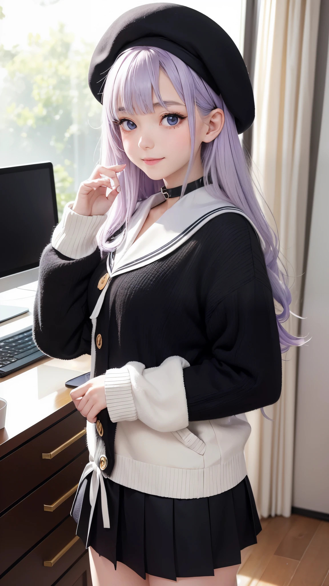 "A charming anime-style female character with a soft, round face and fair skin, smiling gently. She has short, pastel lavender hair styled in soft curls that frame her face, with bangs lightly covering her forehead. Her large, expressive eyes are deep purple, slightly tilted, giving a friendly yet mysterious appearance. She is wearing a sailor-style school uniform with a black and white color scheme. The top is a white cardigan with large white bows and black details, layered over a black sailor collar with white stripes. She also wears a black pleated skirt that is short but modest. The outfit gives off a cozy, soft aesthetic. As an accessory, she has a small plush bunny attached to her cardigan, adding a cute touch. On her head, she wears a black beret with white stripes, matching the color scheme of her outfit. The character stands in a cozy bedroom with soft, warm lighting, shelves full of books, and a desk with a computer in the background. The overall vibe is peaceful and welcoming."