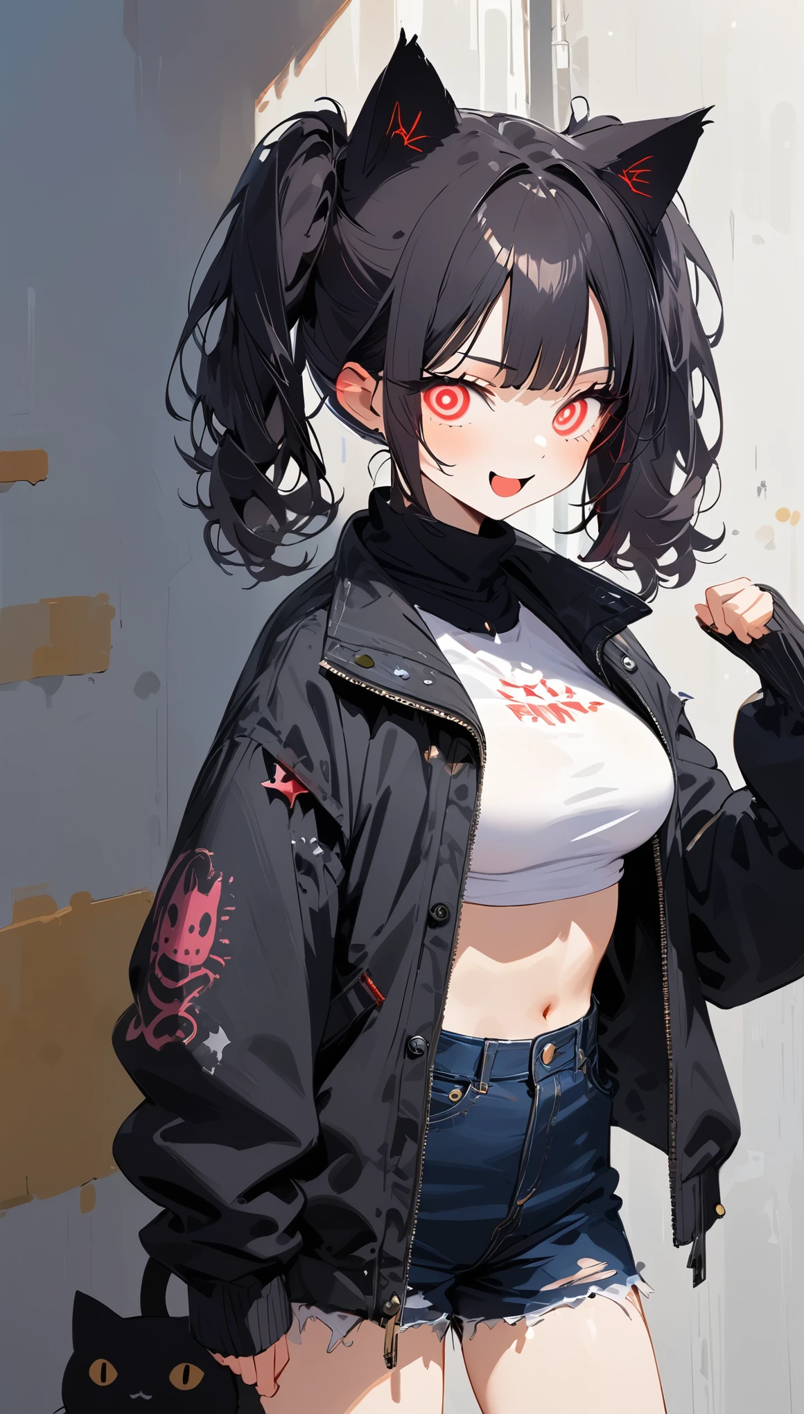 solo,1girl\(cute, kawaii, age of 12,(evil smile:1.2),open mouth, tongue, (black hair:1),(long hair),(twin tails hair),pale skin, skin color blue, red eyes, eyes shining, (big eyes),(breast:1.4),(punk fashion:1.6),(ripped clothes:1.5),(tight tube top),(tight hot pants),(stomach shown:0.8),(ripped black short jacket:1.4),(fluffy black cat-ear:1.4),(dynamic pose:1.2), spiralwash eyes, spiral eyes,bang\), BREAK ,background\(outside, noisy city, backstreet, narrow street, neon lights, at night\), BREAK ,quality\(8k,wallpaper of extremely detailed CG unit, ​masterpiece, high resolution, top-quality, top-quality real texture skin, hyper realistic, increase the resolution, RAW photos, best quality, highly detailed, the wallpaper, golden ratio\),(close up:1.0),dynamic angle, long shot,d4rkpurp